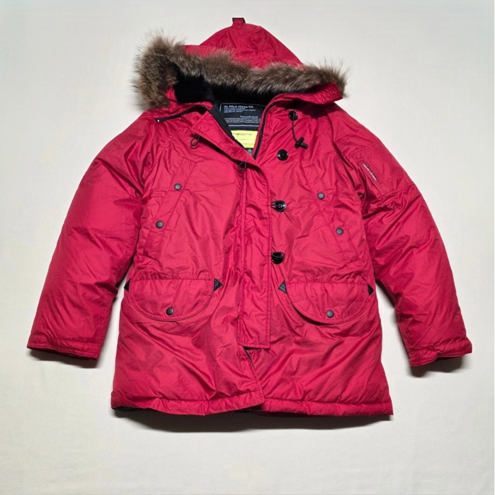 Polo Jeans + Ralph Lauren Red Hooded Winter Coat Size Medium Full Zip Reg Fit